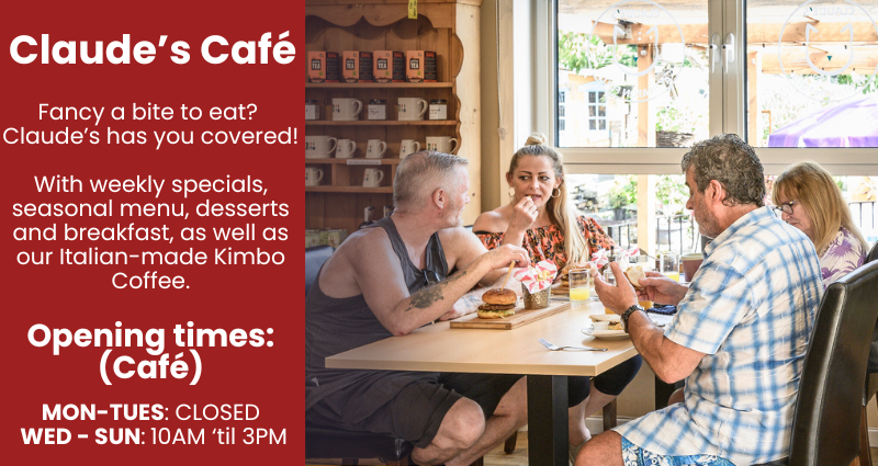 Our on-site Cafe, Claude's is a fantastic scenic spot for a light lunch, coffee and cake. Claude's cafe is open from 10AM to 3PM, Wednesday to Sunday. Claude's is closed Monday and Tuesday. 

