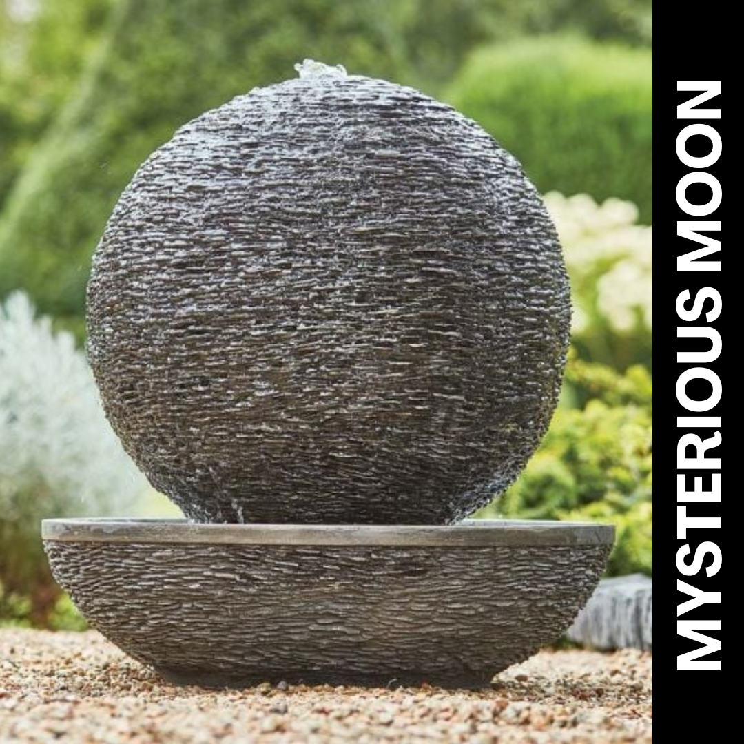 Mysterious Moon Water Feature - a giant sphere, made up of tiny pieces of slate. 