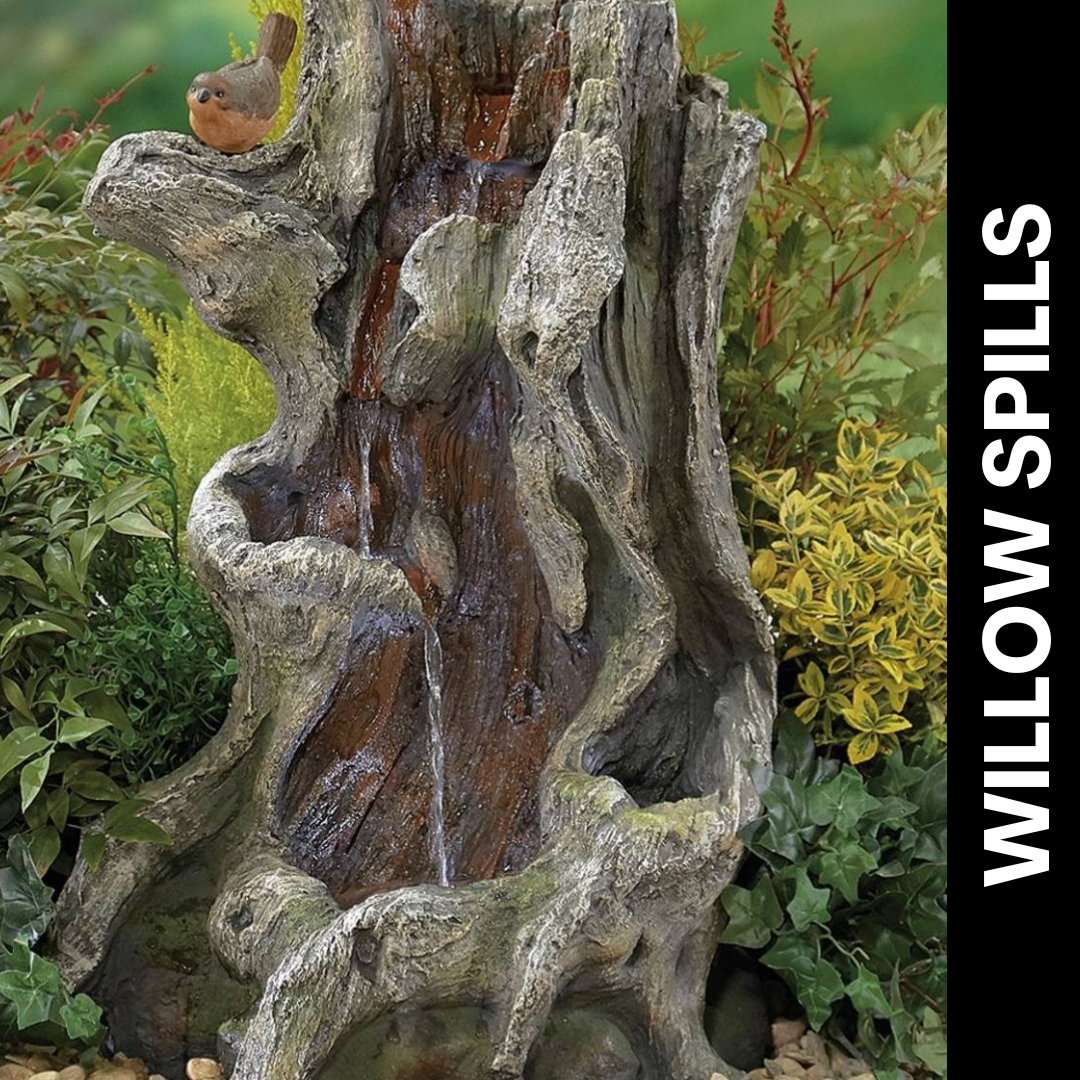 Willow Spills Water Feature - what looks like the inside of a tree trunk, the water bounces down various compartments. 