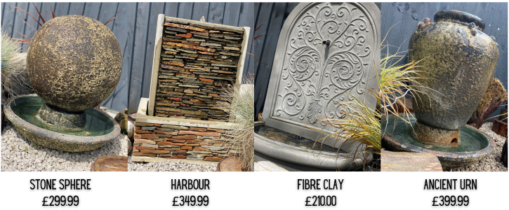 A range of stone water features sold at Heaton Fold. 