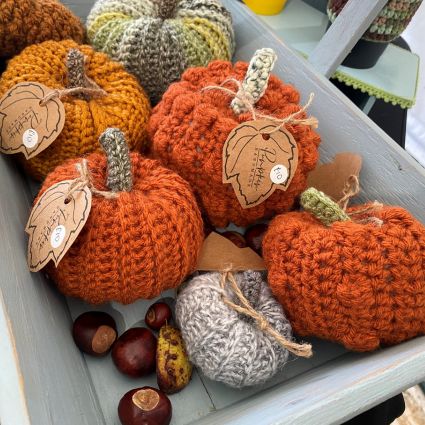 A selection of crochet pumpkins